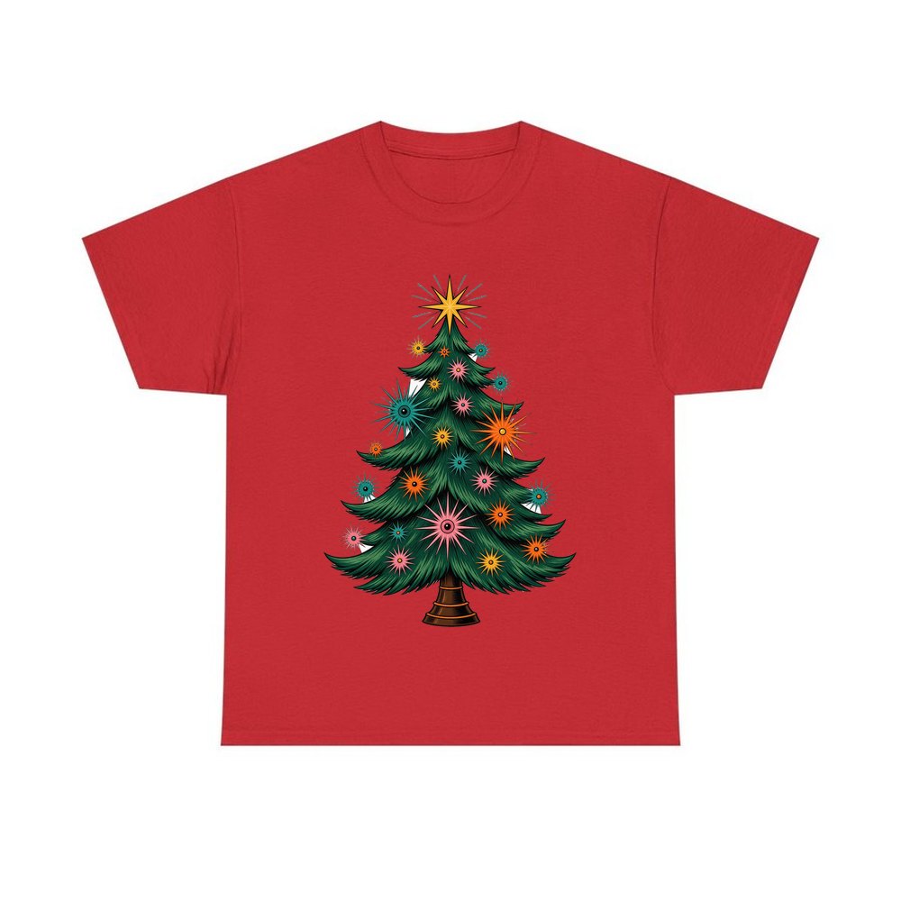 Retro Atomic Christmas Tree personalised Christmas T-shirt in red