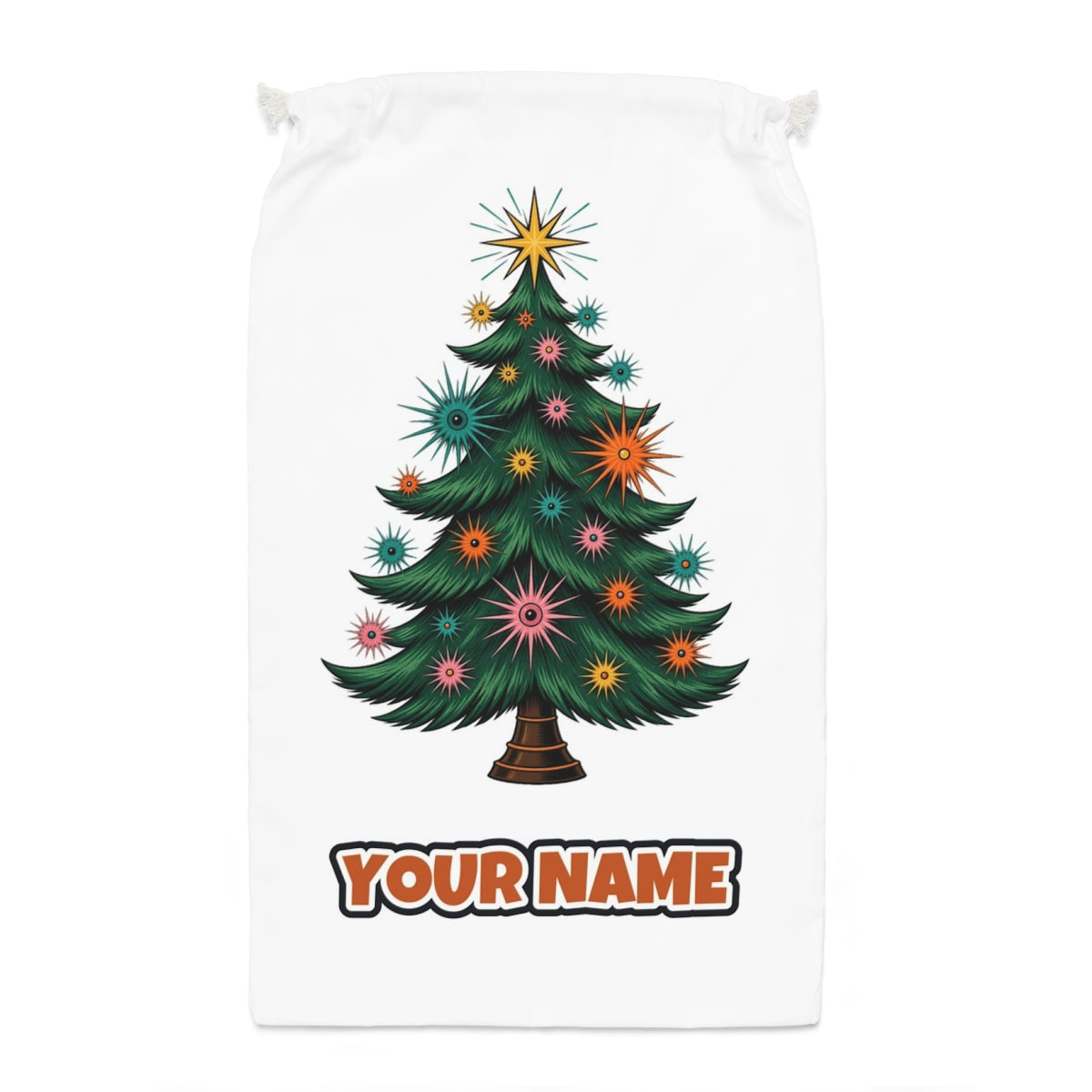 Retro Atomic Christmas Tree Santa sack laid flat, showing the full print