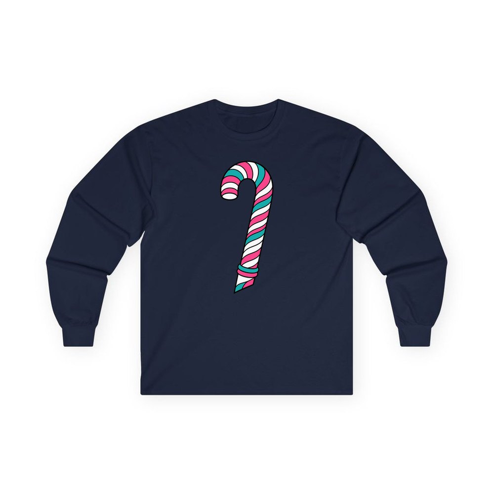 Retro Candy Cane personalised long sleeve Christmas T-shirt in navy