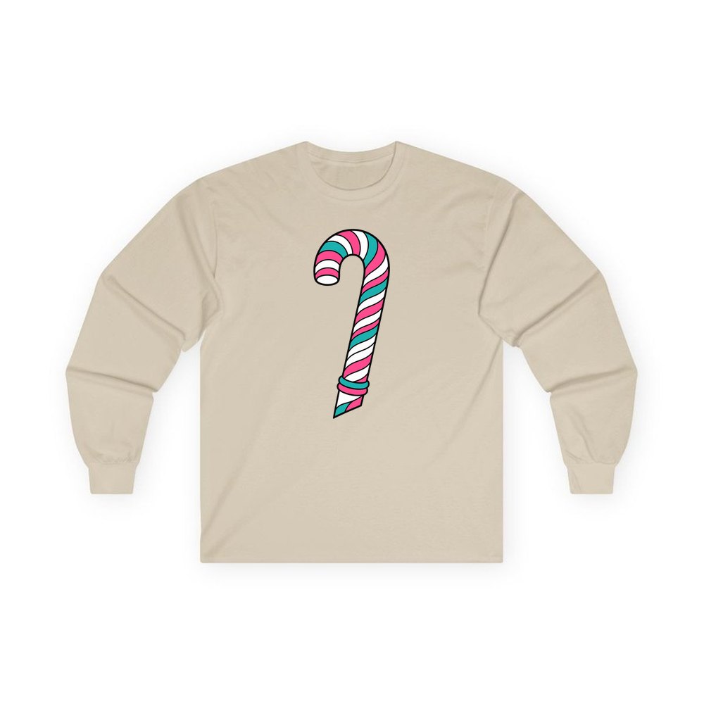 Retro Candy Cane personalised long sleeve Christmas T-shirt in sand