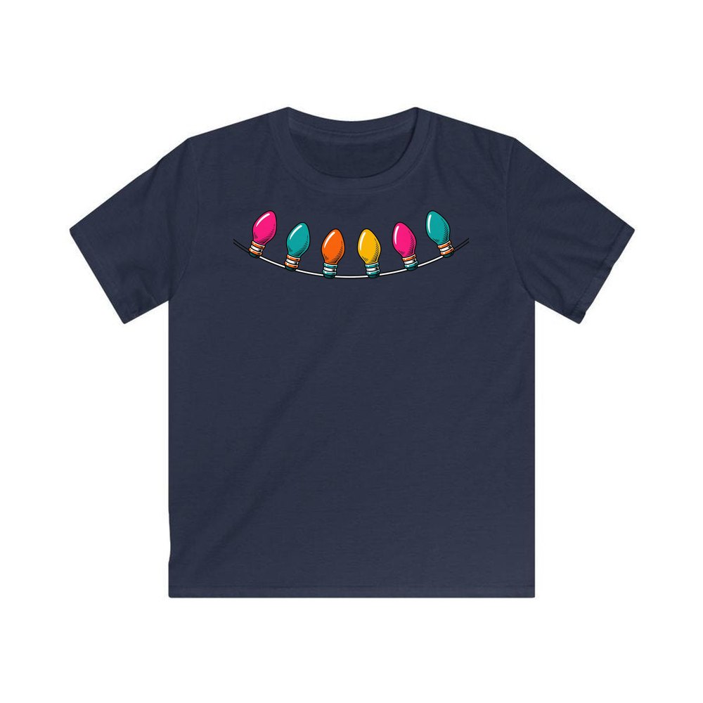 Retro Christmas Light Bulbs personalised kids Christmas tee in navy