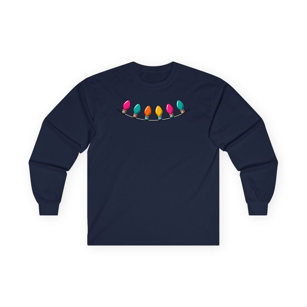 Retro Christmas Light Bulbs personalised long sleeve Christmas T-shirt in navy