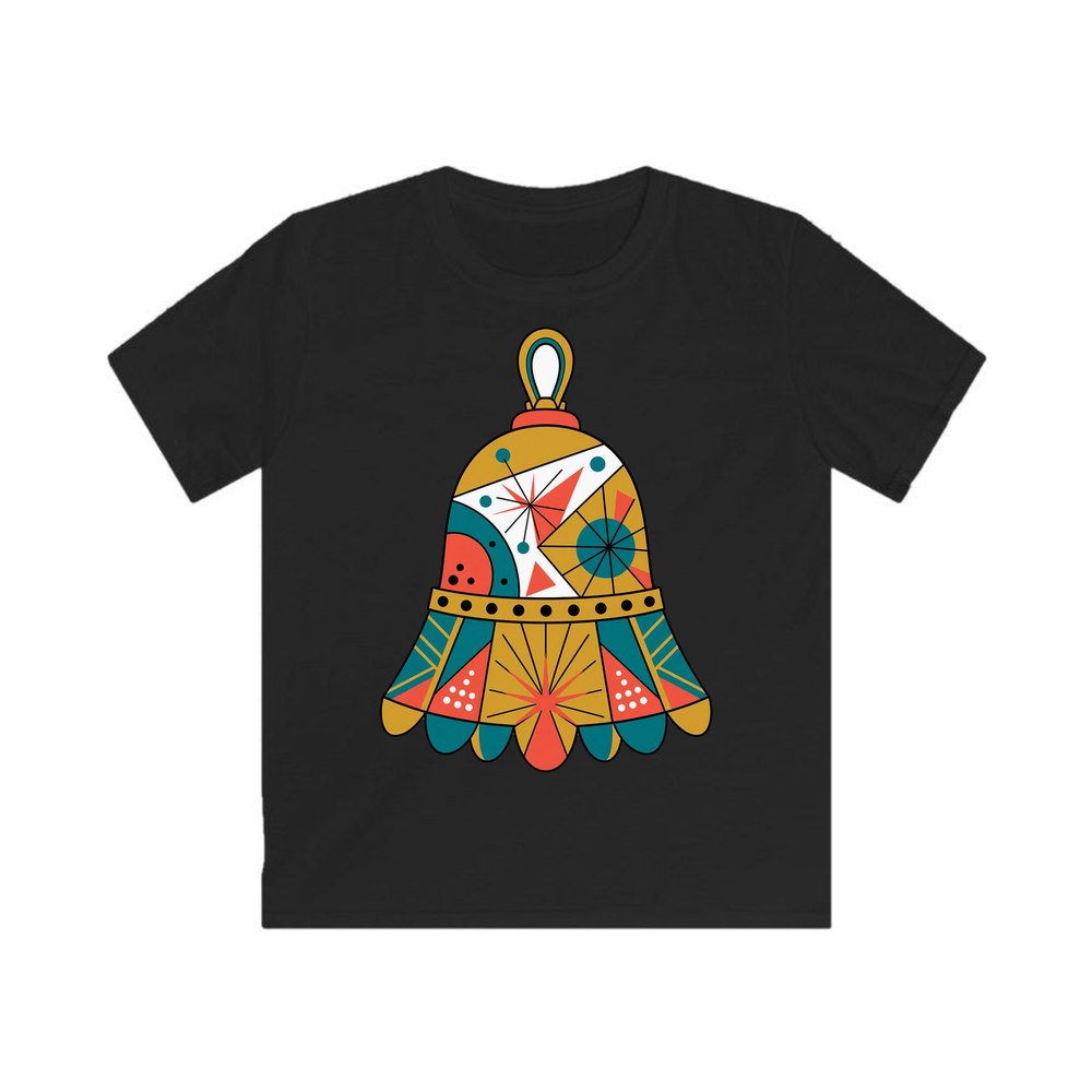 Retro Geometric Christmas Bell personalised kids Christmas tee in black