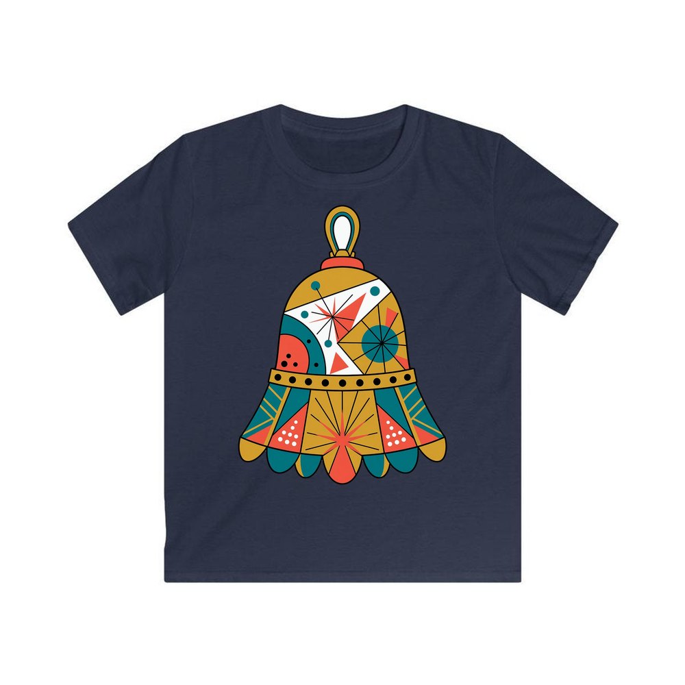 Retro Geometric Christmas Bell personalised kids Christmas tee in navy