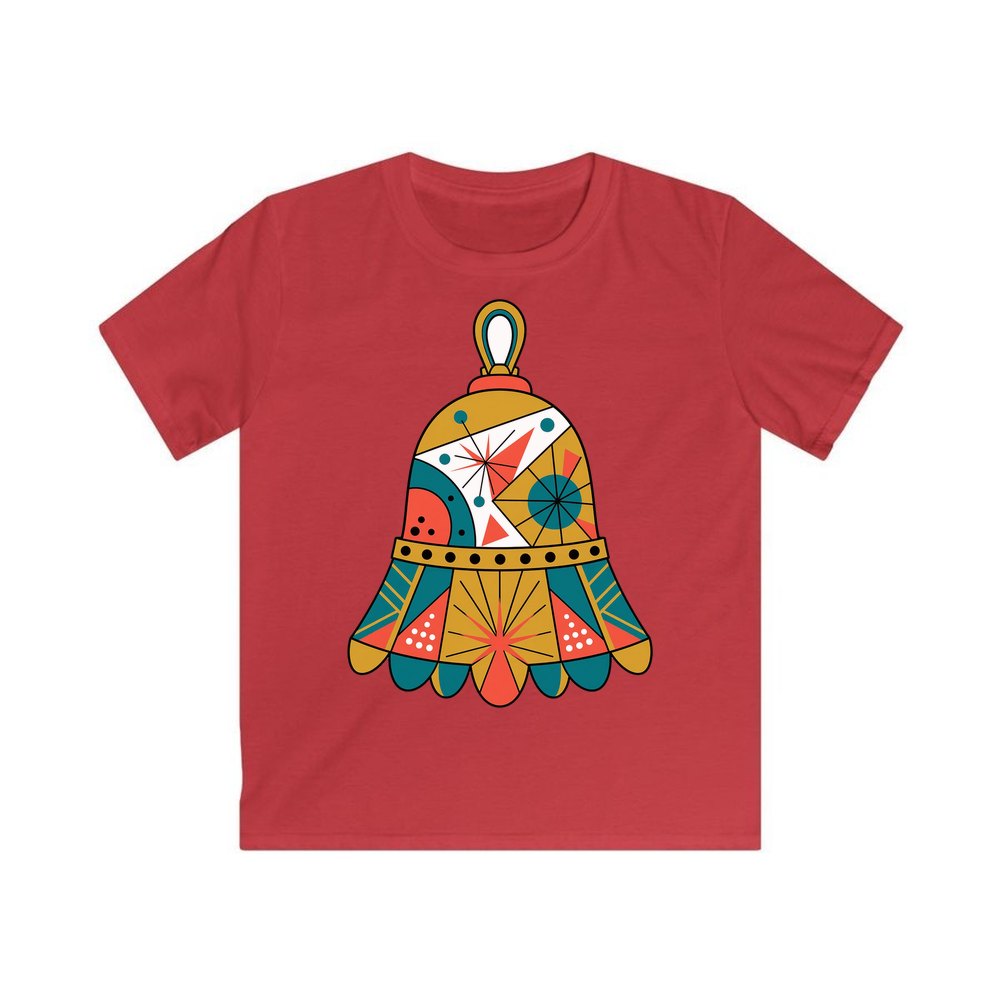 Retro Geometric Christmas Bell personalised kids Christmas tee in red