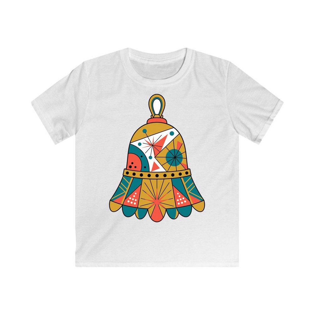 Retro Geometric Christmas Bell personalised kids Christmas tee in white