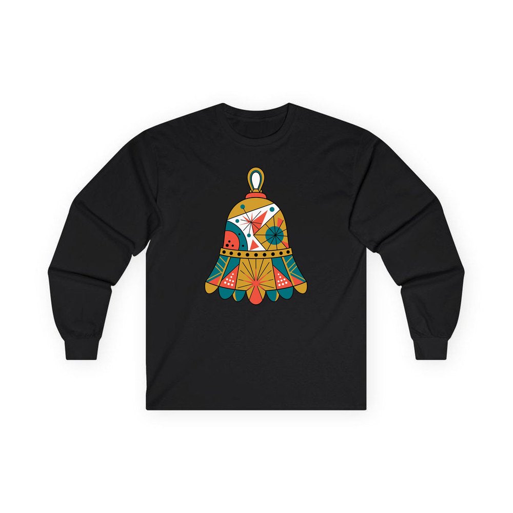 Retro Geometric Christmas Bell personalised long sleeve Christmas T-shirt in black