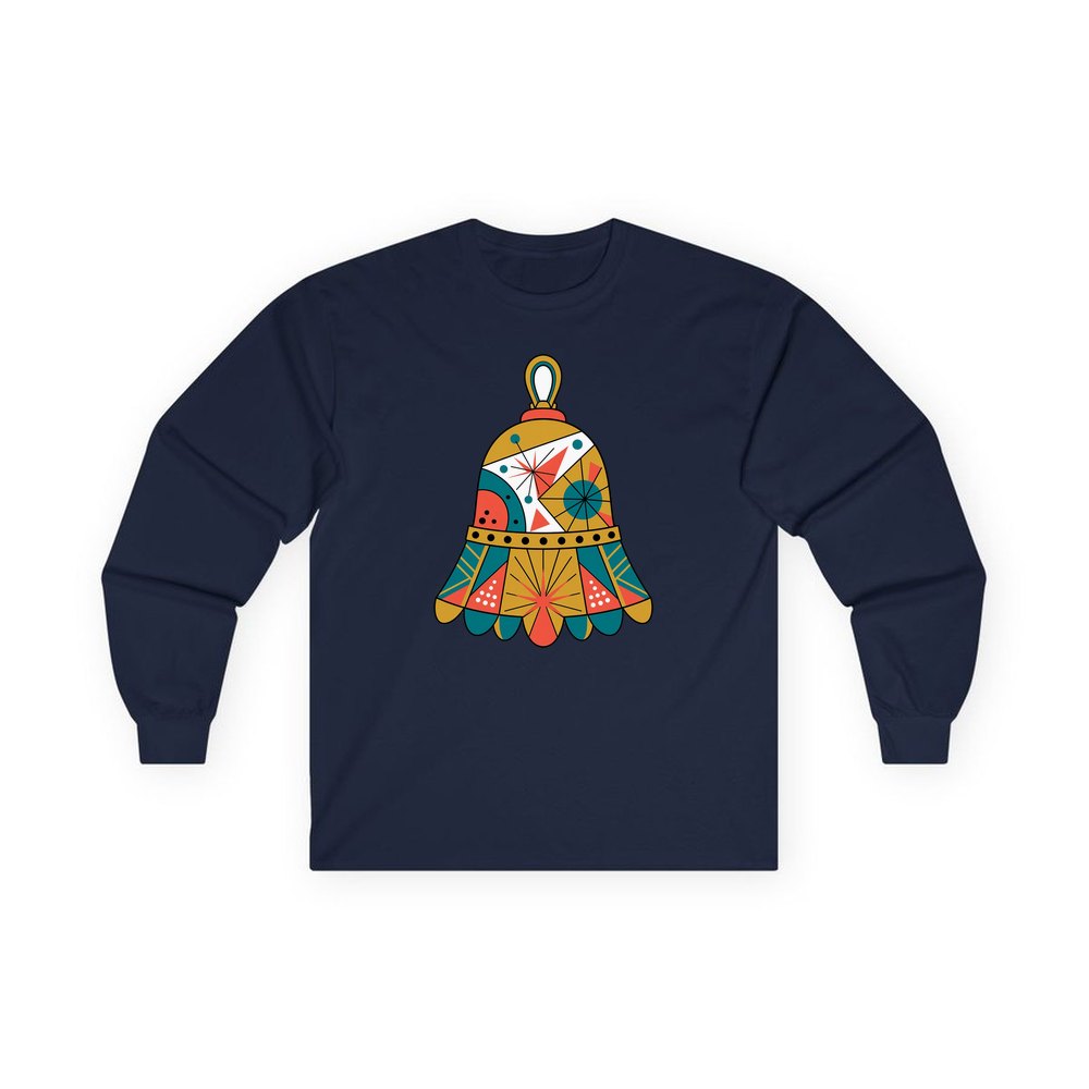 Retro Geometric Christmas Bell personalised long sleeve Christmas T-shirt in navy
