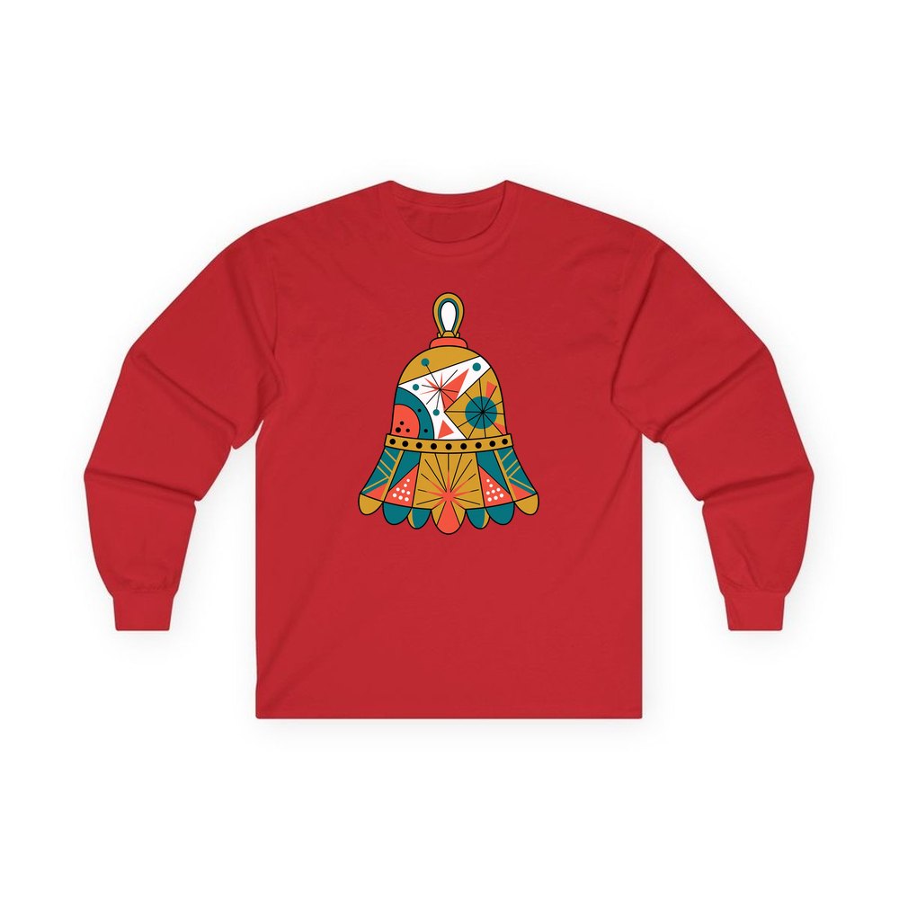 Retro Geometric Christmas Bell personalised long sleeve Christmas T-shirt in red