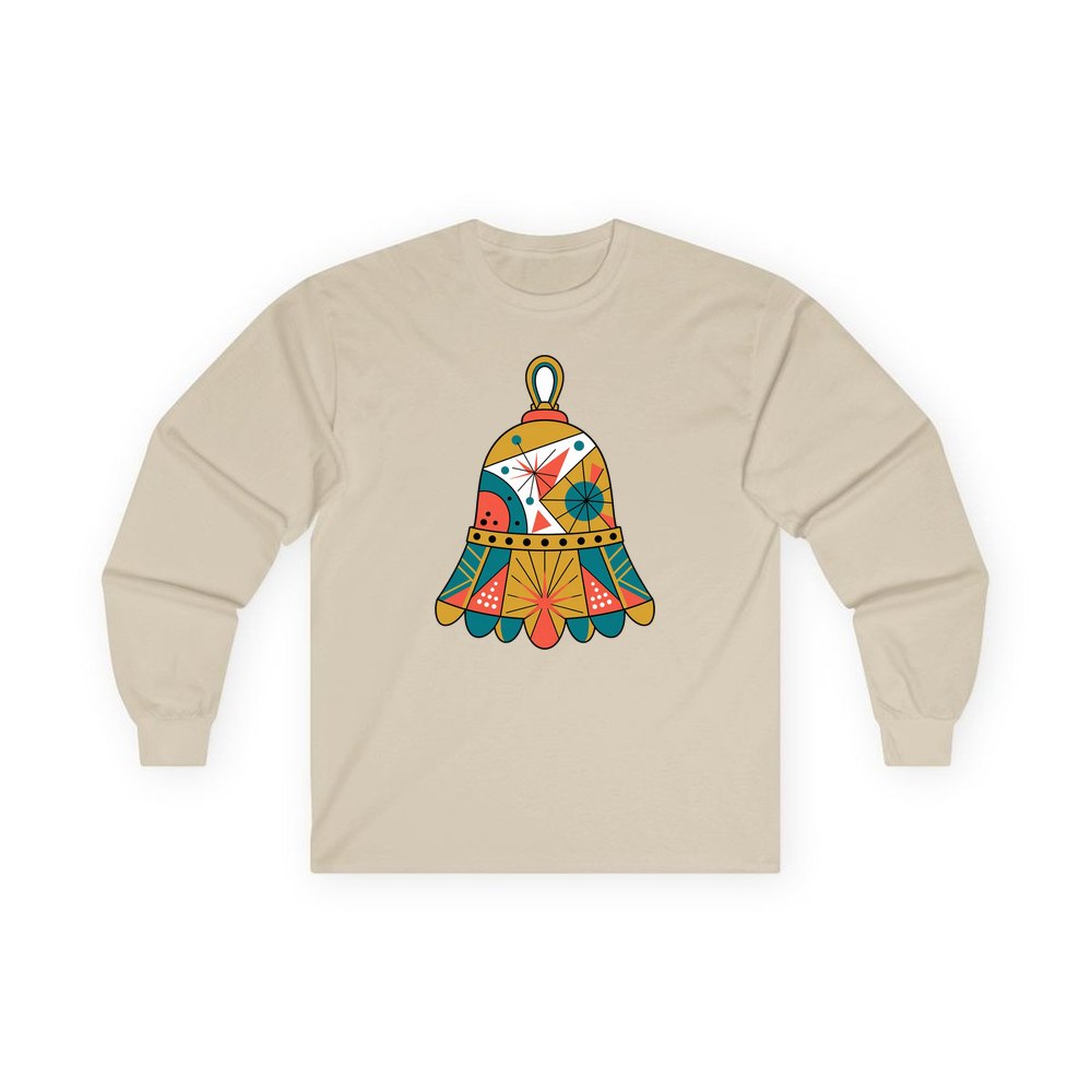 Retro Geometric Christmas Bell personalised long sleeve Christmas T-shirt in sand