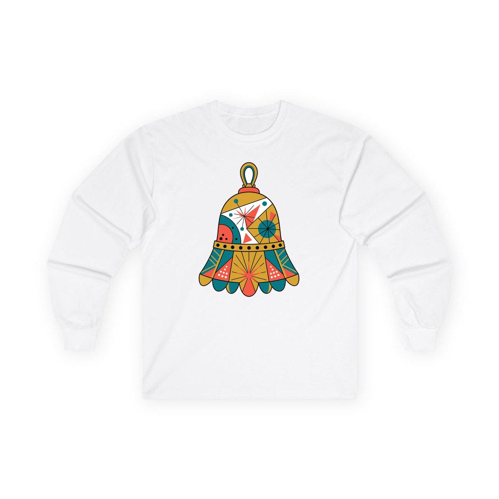 Retro Geometric Christmas Bell personalised long sleeve Christmas T-shirt in white