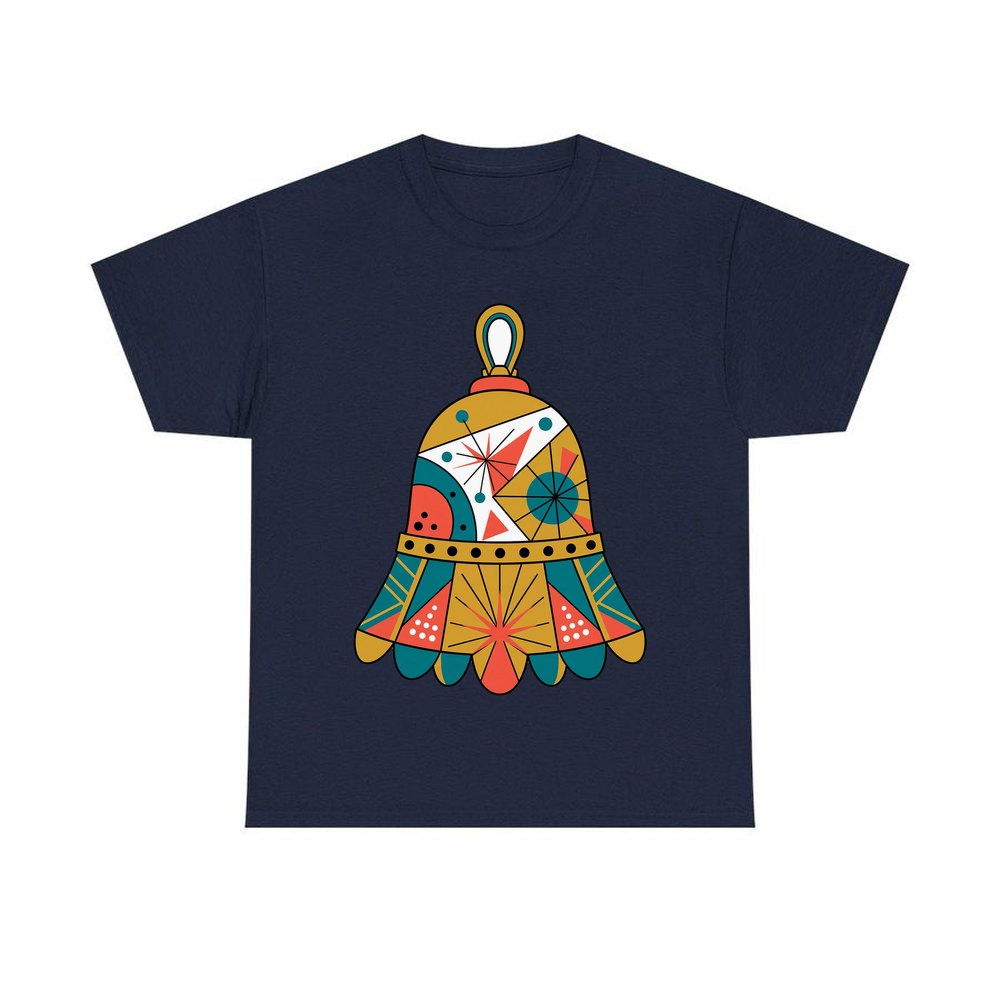 Retro Geometric Christmas Bell personalised Christmas T-shirt in navy