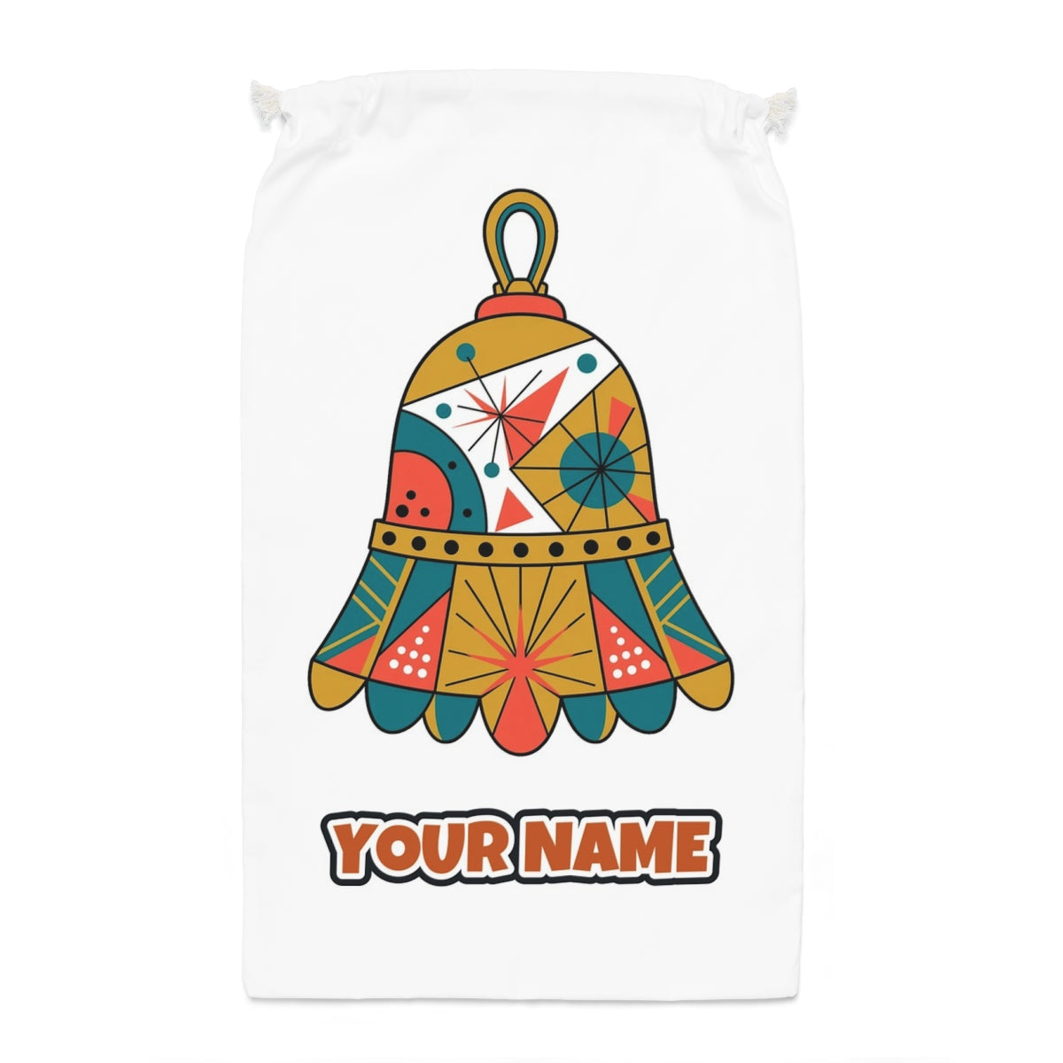 Retro Geometric Christmas Bell Santa sack laid flat, showing the full print