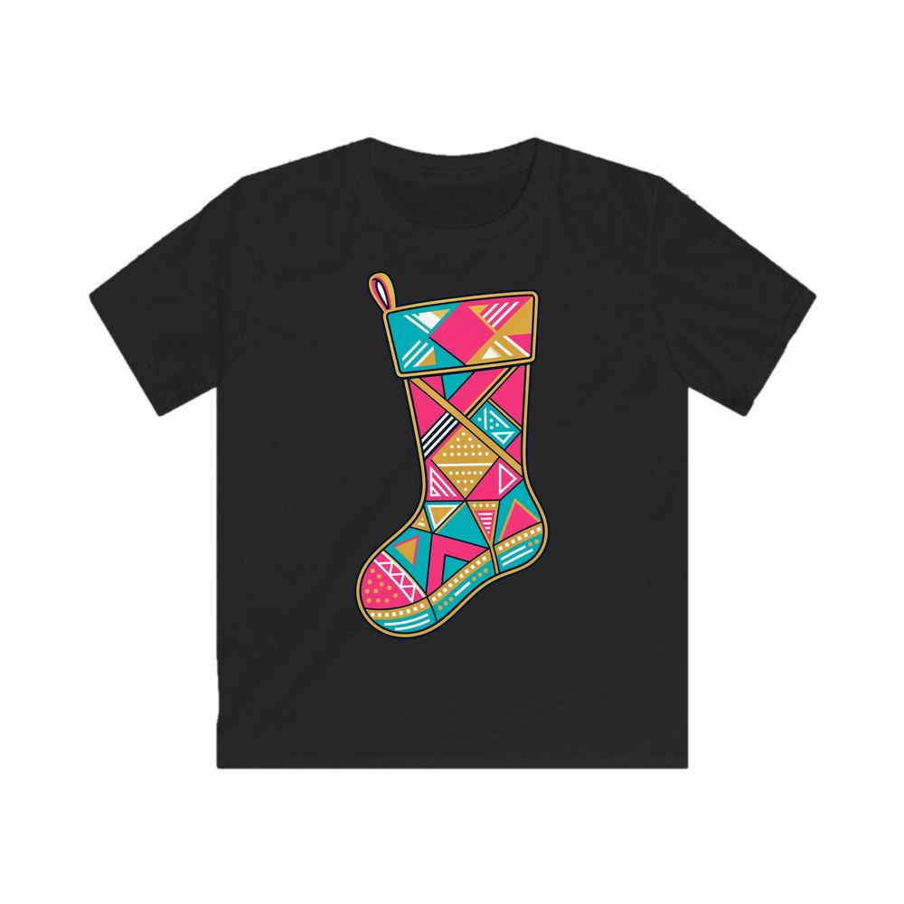 Retro Geometric Stocking personalised kids Christmas tee in black