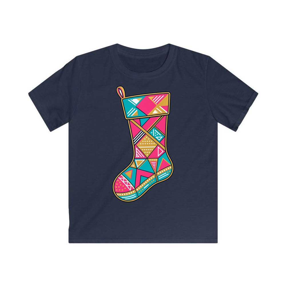 Retro Geometric Stocking personalised kids Christmas tee in navy