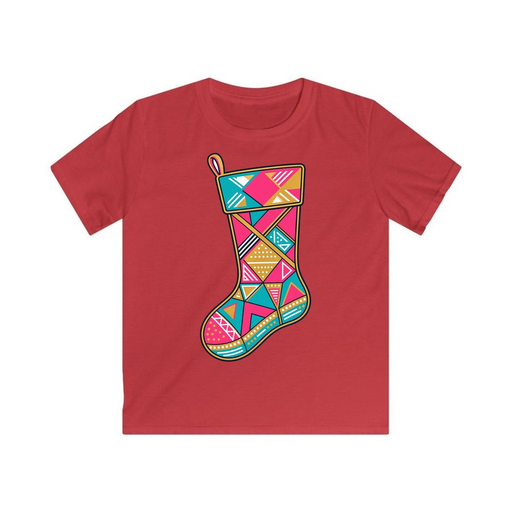 Retro Geometric Stocking personalised kids Christmas tee in red