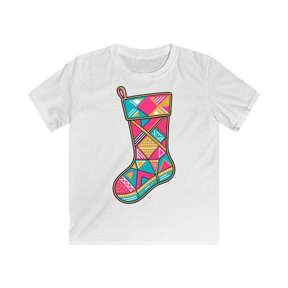 Retro Geometric Stocking personalised kids Christmas tee in white