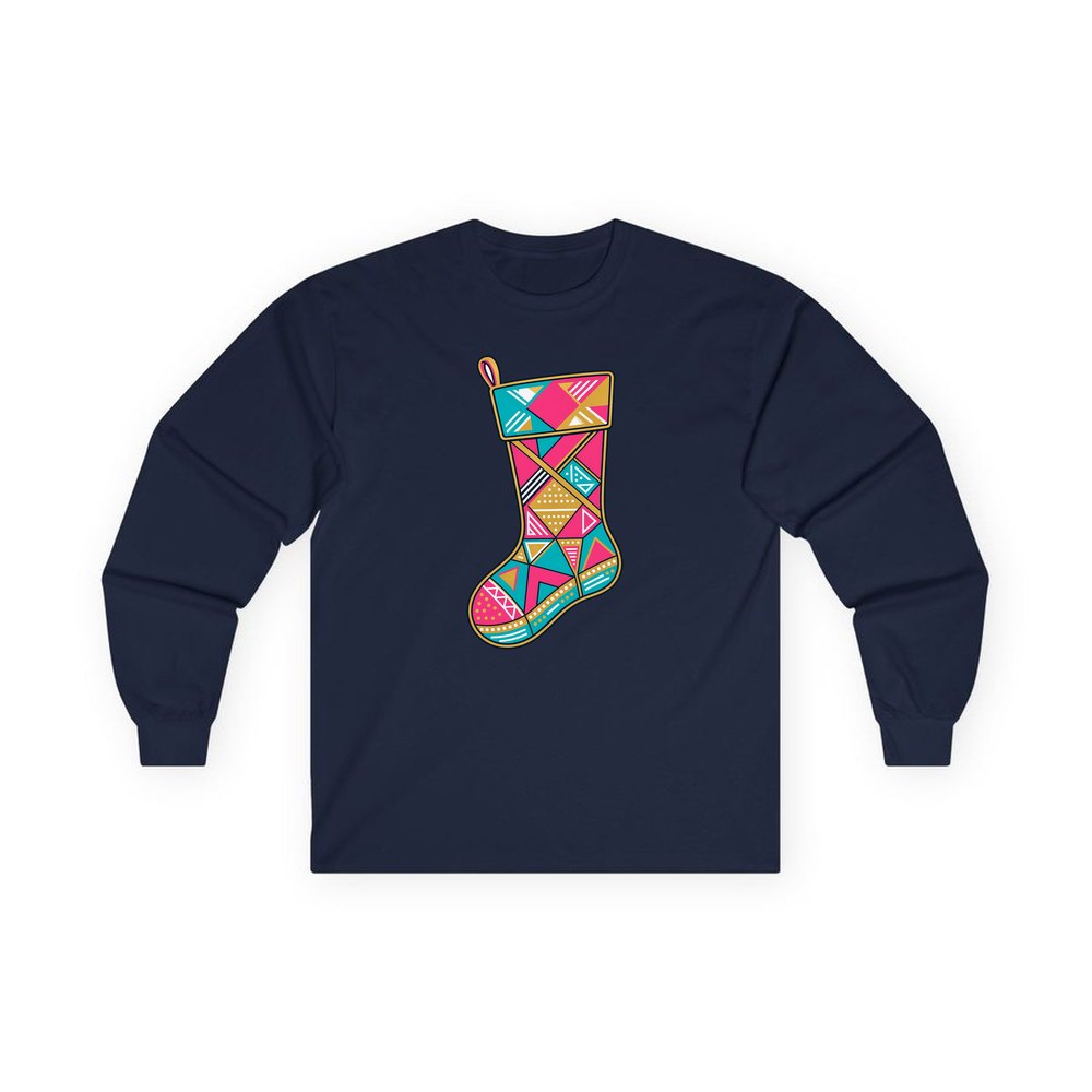 Retro Geometric Stocking personalised long sleeve Christmas T-shirt in navy