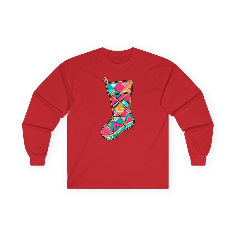 Retro Geometric Stocking personalised long sleeve Christmas T-shirt in red