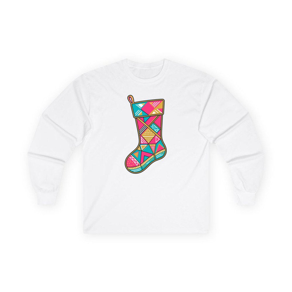 Retro Geometric Stocking personalised long sleeve Christmas T-shirt in white