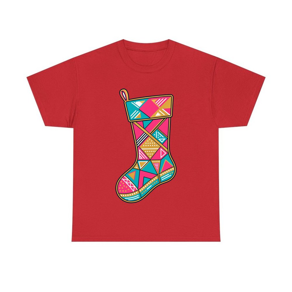 Retro Geometric Stocking personalised Christmas T-shirt in red