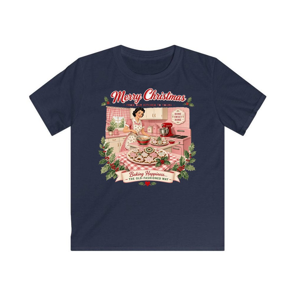 Retro Kitchen Christmas Baking personalised kids Christmas tee in navy