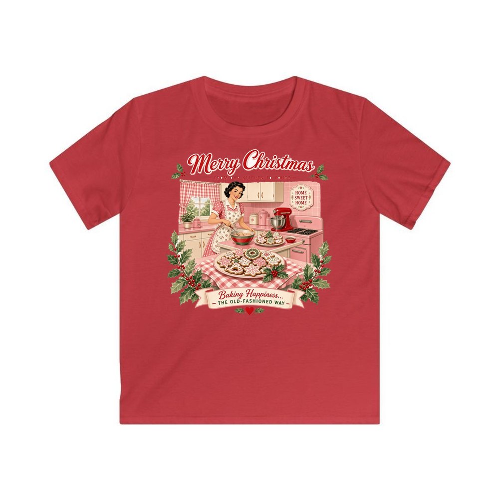 Retro Kitchen Christmas Baking personalised kids Christmas tee in red