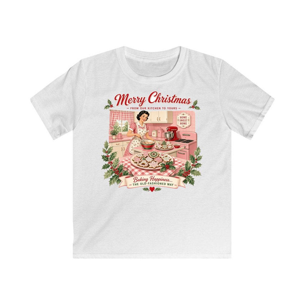 Retro Kitchen Christmas Baking personalised kids Christmas tee in white