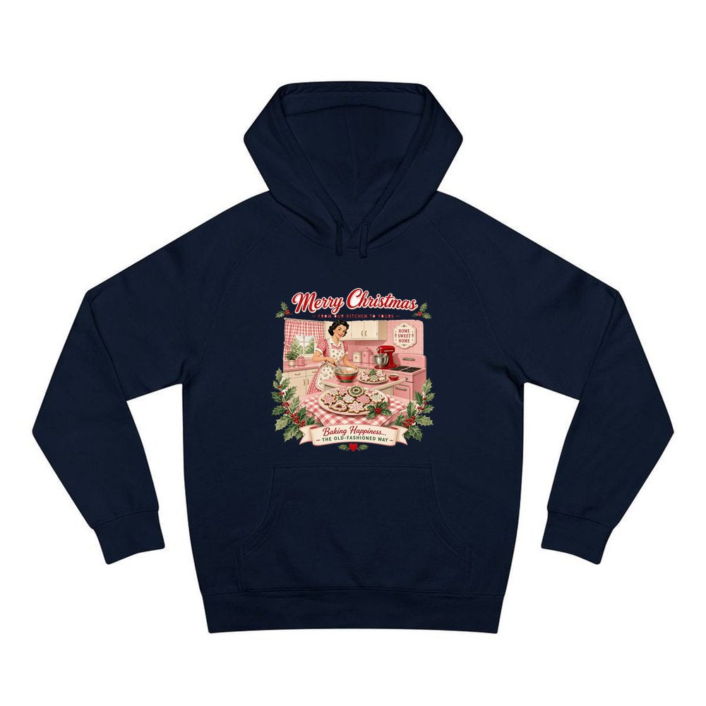 Retro Kitchen Christmas Baking personalised Christmas hoodie in navy