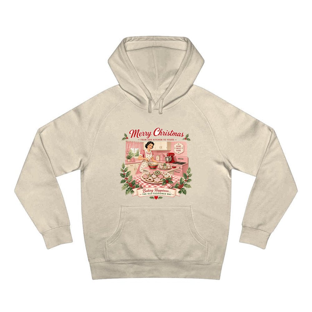 Retro Kitchen Christmas Baking personalised Christmas hoodie in sand