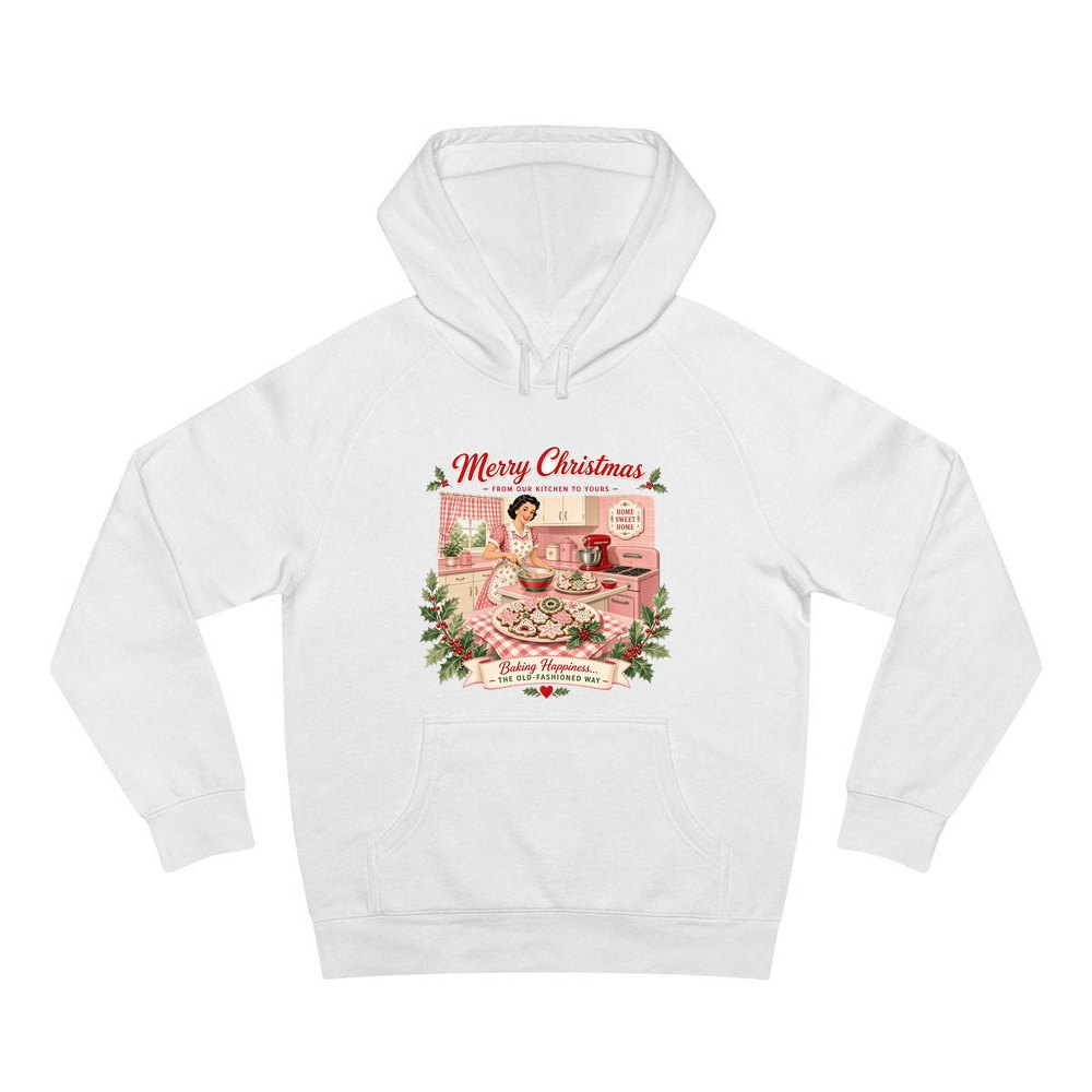 Retro Kitchen Christmas Baking personalised Christmas hoodie in white