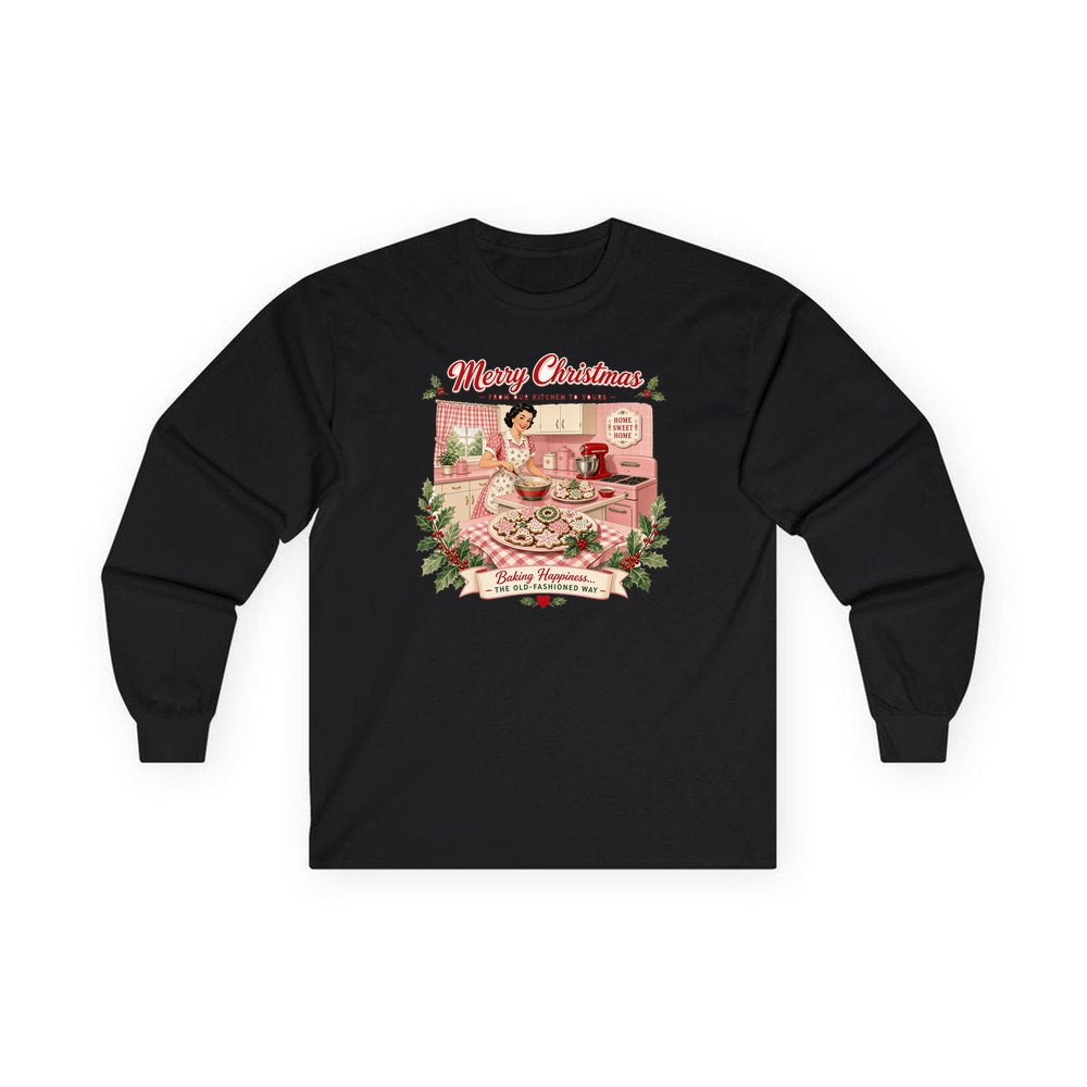 Retro Kitchen Christmas Baking personalised long sleeve Christmas T-shirt in black