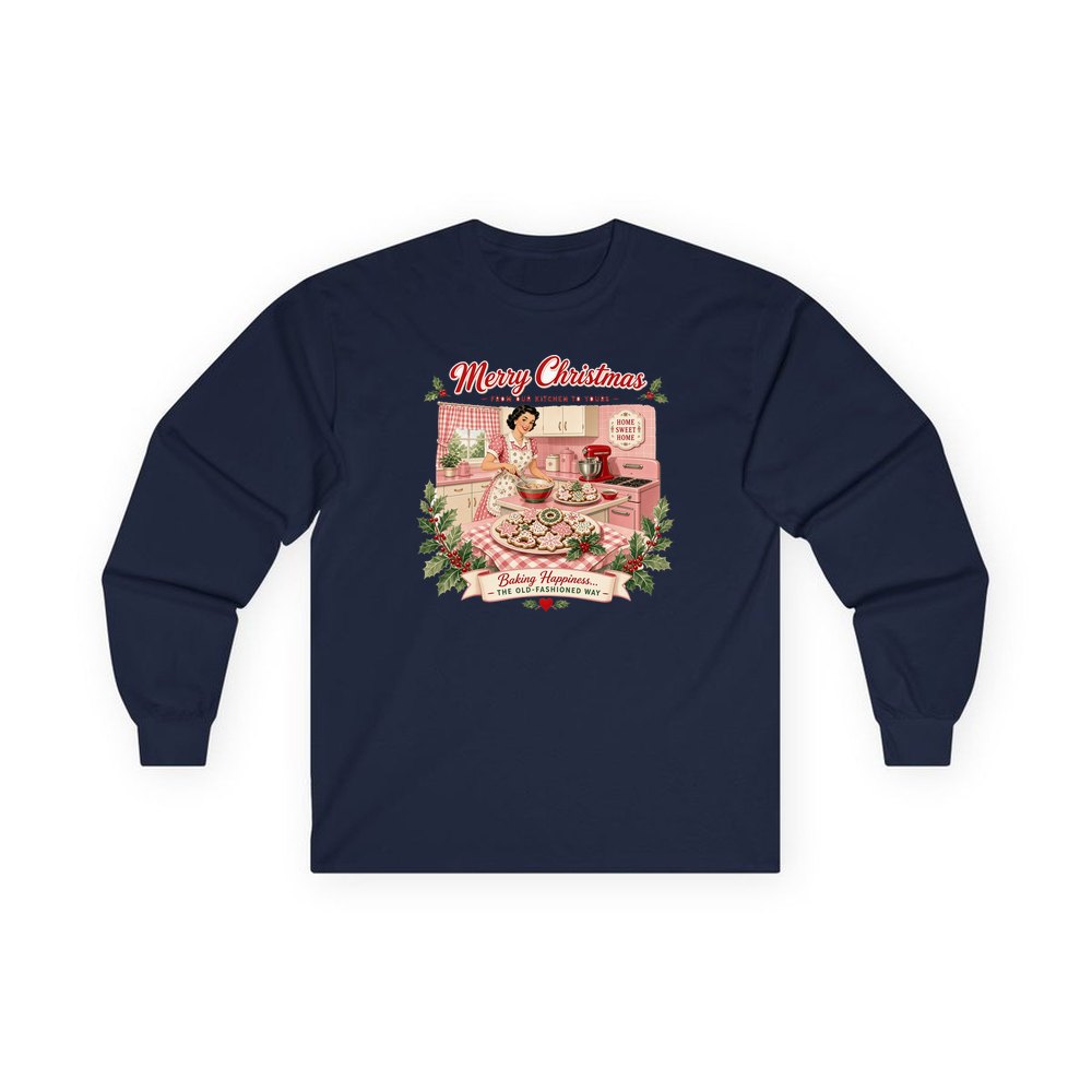 Retro Kitchen Christmas Baking personalised long sleeve Christmas T-shirt in navy