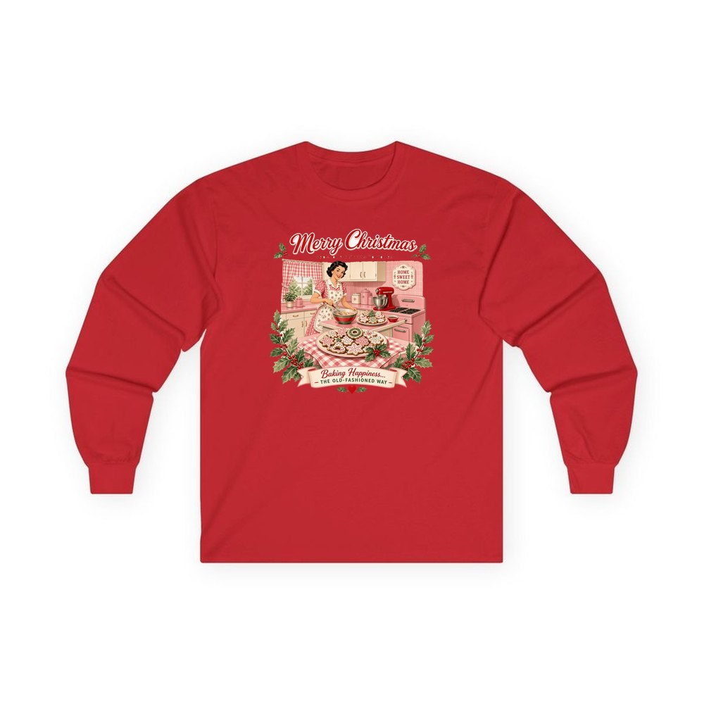 Retro Kitchen Christmas Baking personalised long sleeve Christmas T-shirt in red