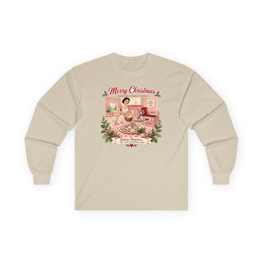 Retro Kitchen Christmas Baking personalised long sleeve Christmas T-shirt in sand