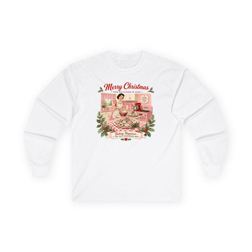 Retro Kitchen Christmas Baking personalised long sleeve Christmas T-shirt in white