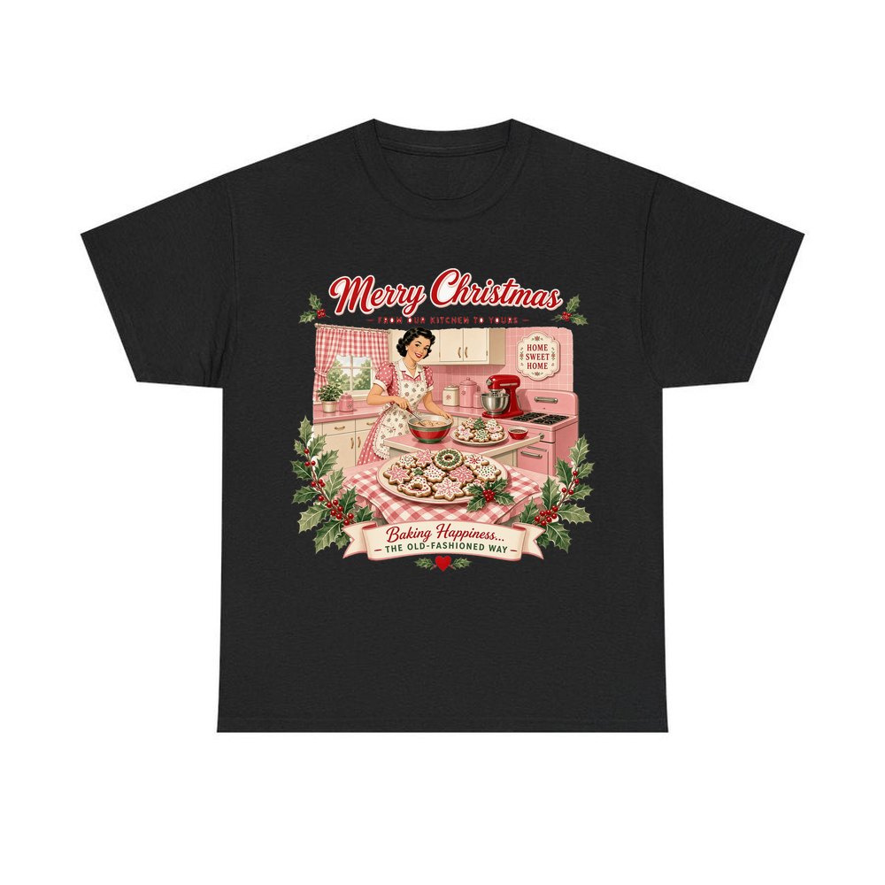 Retro Kitchen Christmas Baking personalised Christmas T-shirt in black