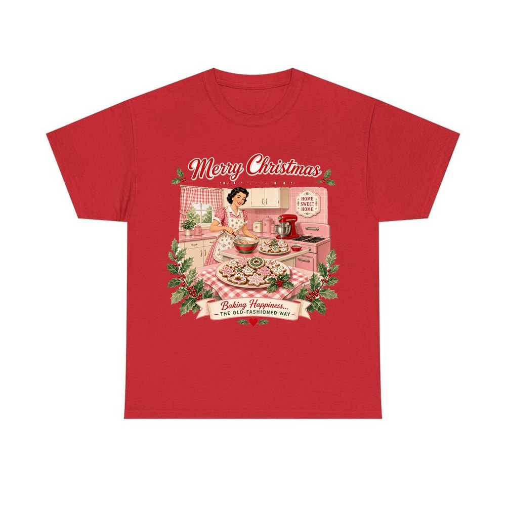 Retro Kitchen Christmas Baking personalised Christmas T-shirt in red