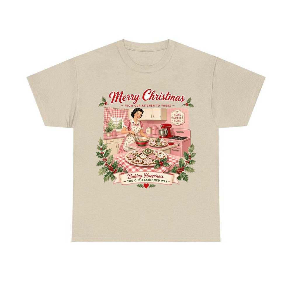 Retro Kitchen Christmas Baking personalised Christmas T-shirt in sand