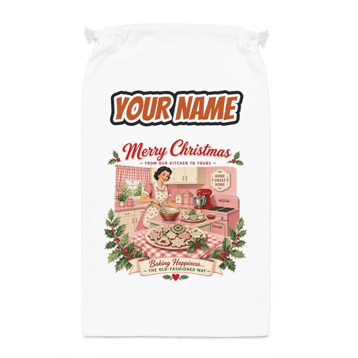 Retro Kitchen Christmas Baking Santa sack laid flat, showing the full print