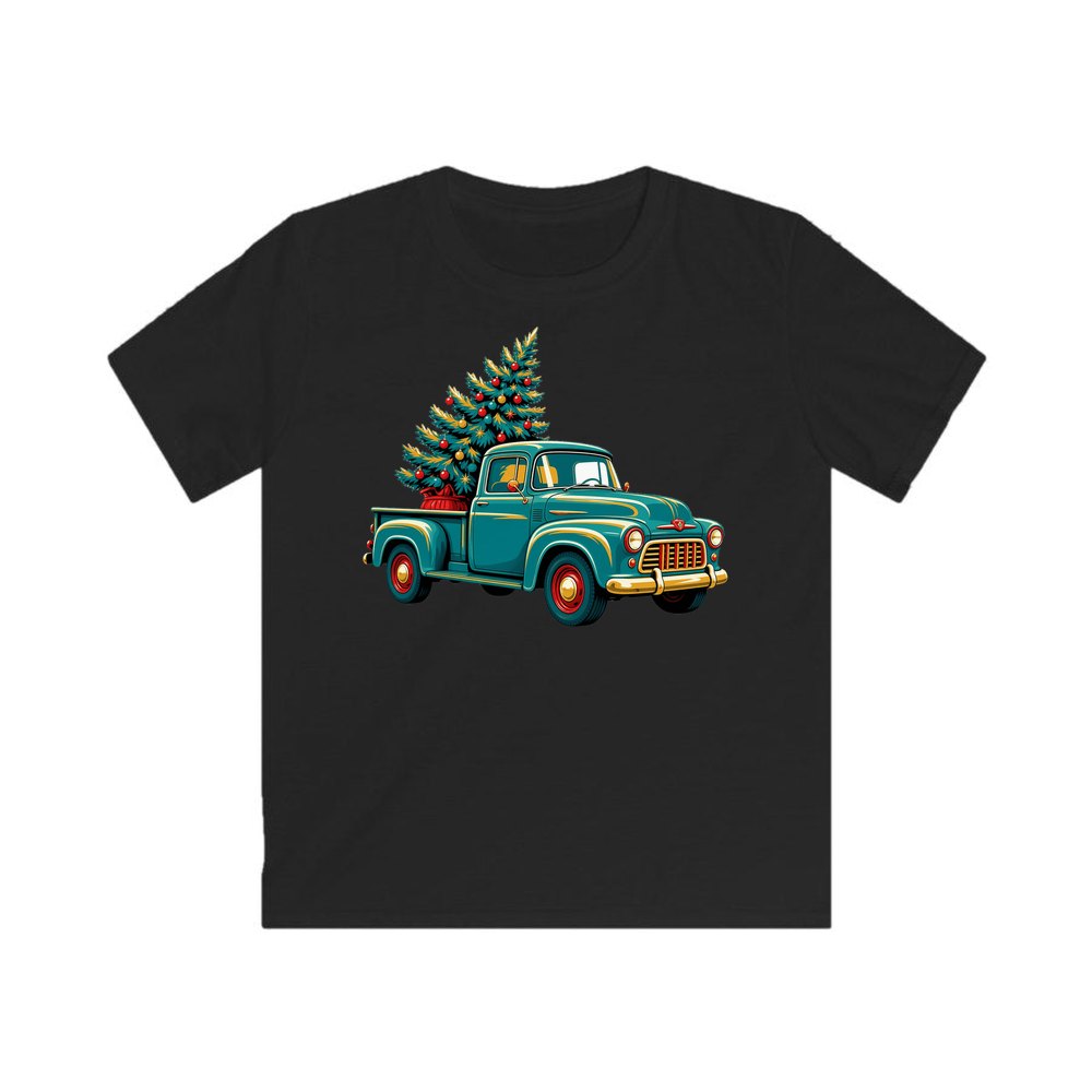 Retro Pickup With Christmas Tree personalised kids Christmas tee in black