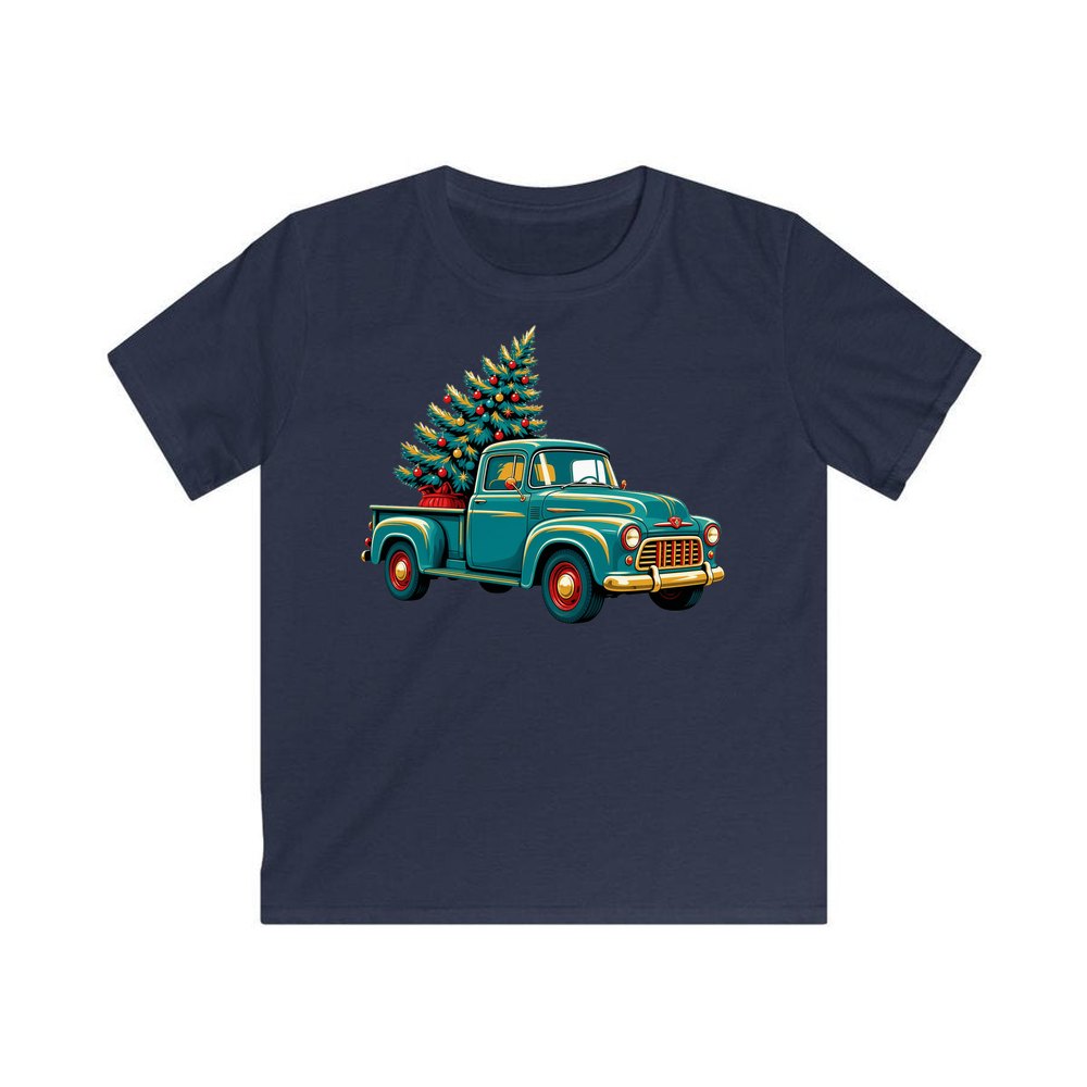 Retro Pickup With Christmas Tree personalised kids Christmas tee in navy