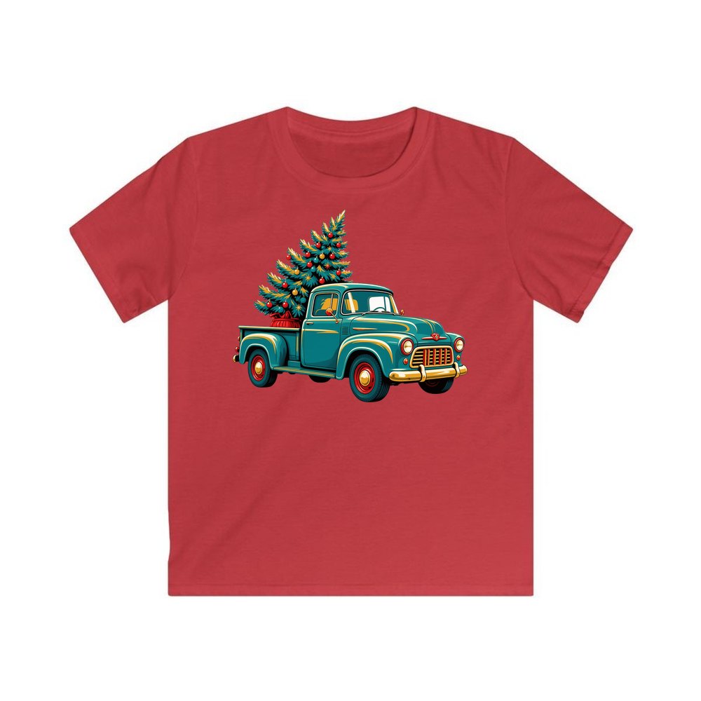 Retro Pickup With Christmas Tree personalised kids Christmas tee in red