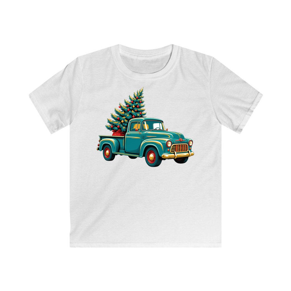 Retro Pickup With Christmas Tree personalised kids Christmas tee in white