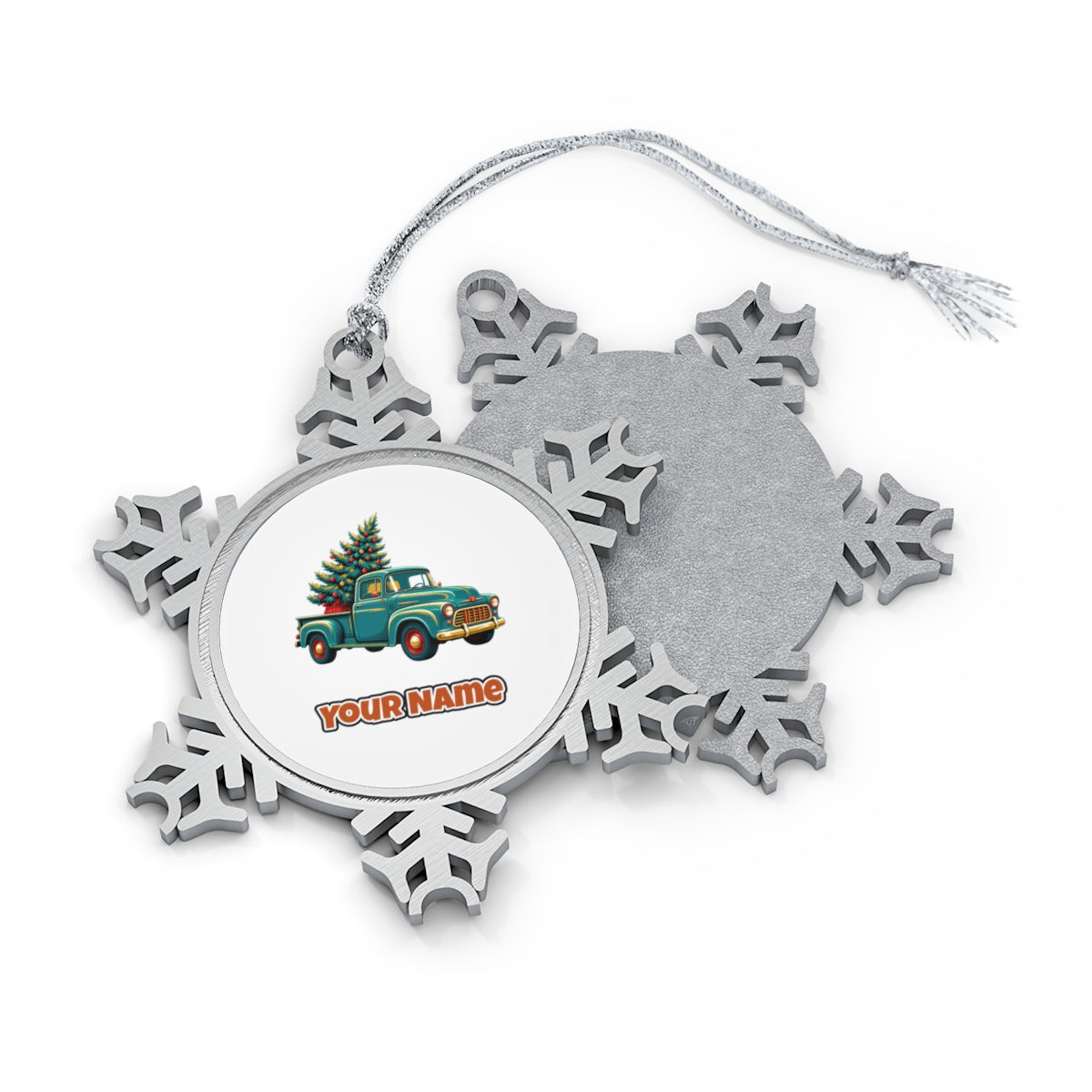 Retro Pickup With Christmas Tree Personalised Pewter Christmas Ornament