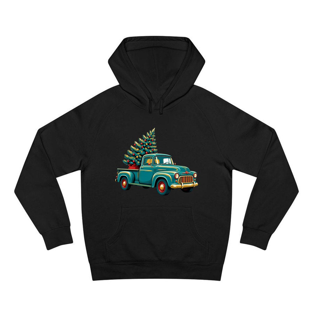 Retro Pickup With Christmas Tree personalised Christmas hoodie in black
