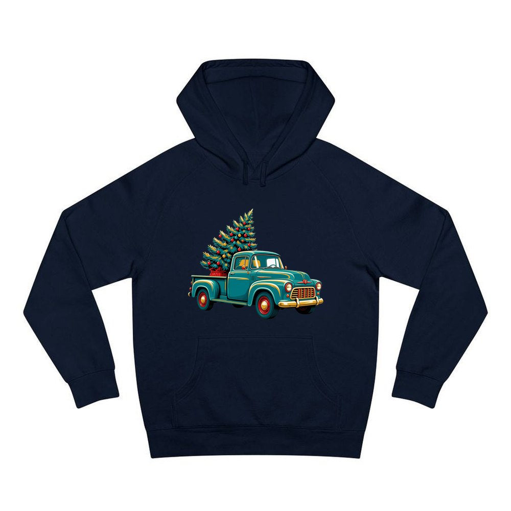 Retro Pickup With Christmas Tree personalised Christmas hoodie in navy