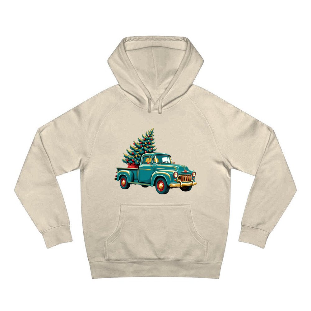 Retro Pickup With Christmas Tree personalised Christmas hoodie in sand