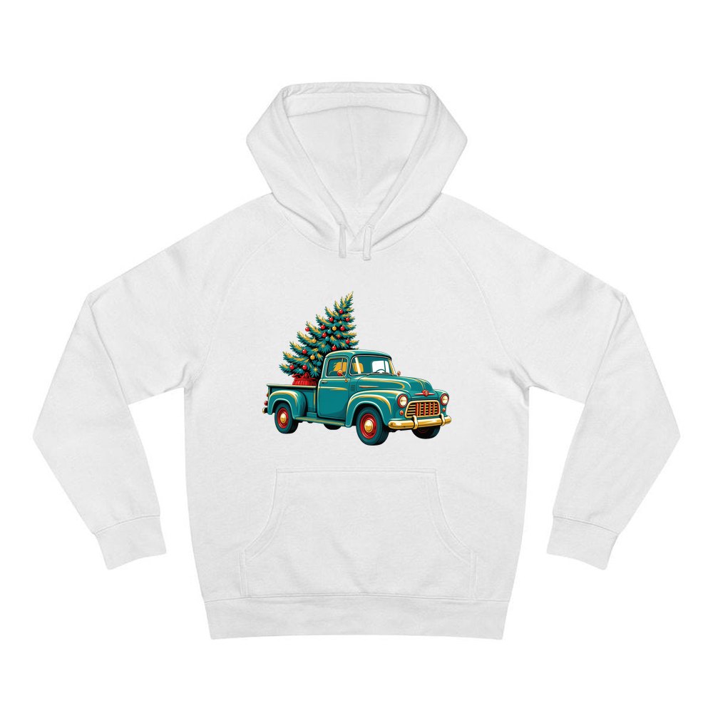 Retro Pickup With Christmas Tree personalised Christmas hoodie in white