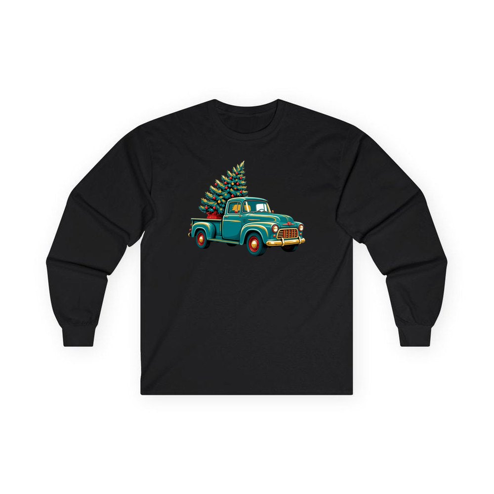 Retro Pickup With Christmas Tree personalised long sleeve Christmas T-shirt in black